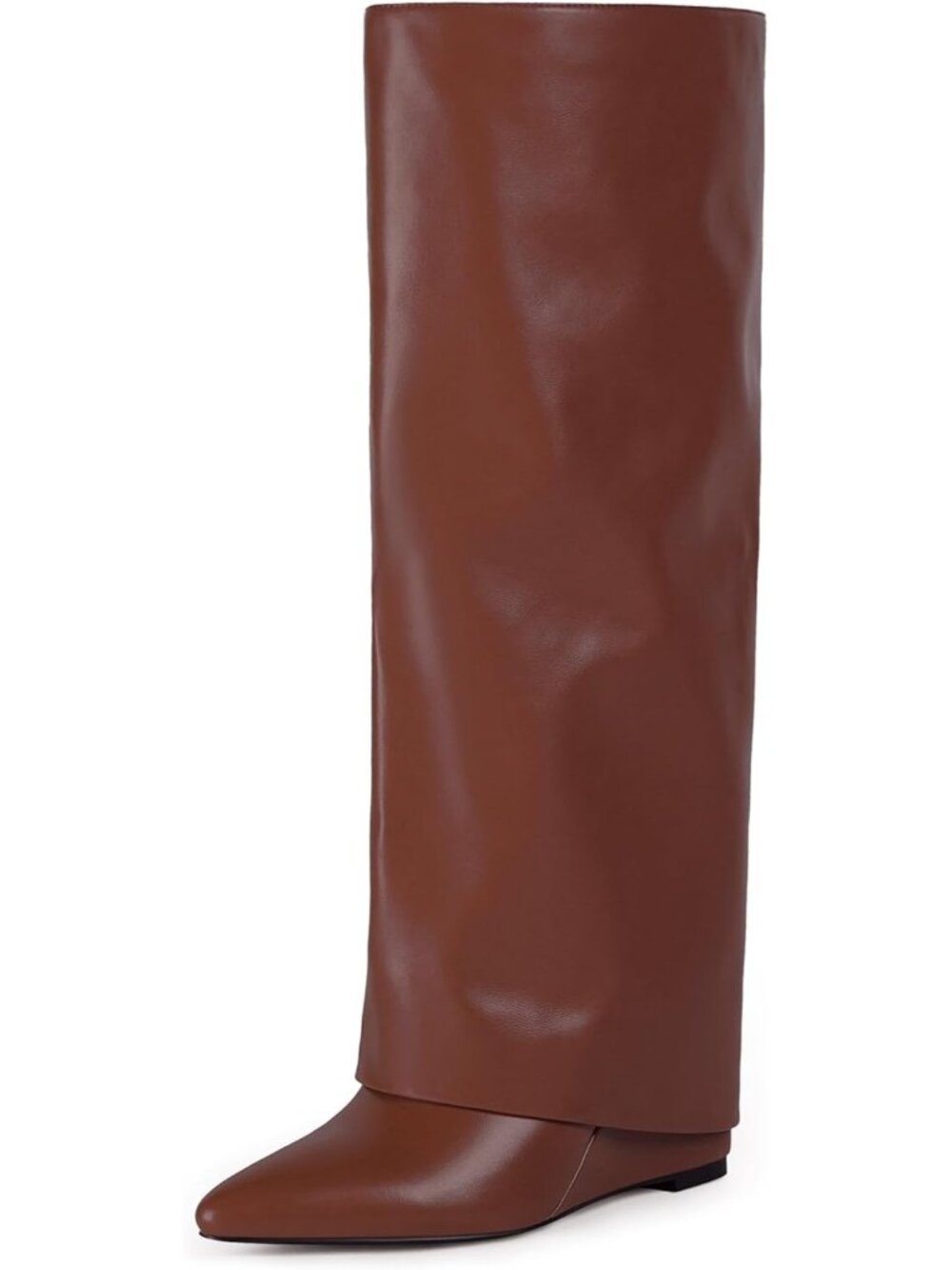 Women's Light Brown Fold Over Boots Wedge Heel Slouchy Boots Zipper Pointed Toe